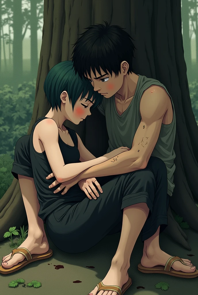 First I will describe the characters to you. The boy has black hair., The boy is about 1.17 mt, he doesn't wear a shirt, His body is somewhat stocky but aesthetically pleasing., There are several scars from cuts around his body., She wears wide white pants and wooden sandals. The girl has dark green hair., his hair is short, He also has a strong body but aesthetic, She is about 2.30 mt, She is wearing a slightly torn black sleeveless t-shirt, She wears black pants, He also wears wooden sandals Now what I want you to draw.
The boy is sitting leaning against a tree while hugging the already dead girl, He hugs her body, The boy's body has some blood stains, The girl's abdomen is stained with blood., I want the scene to convey sadness and melancholy
