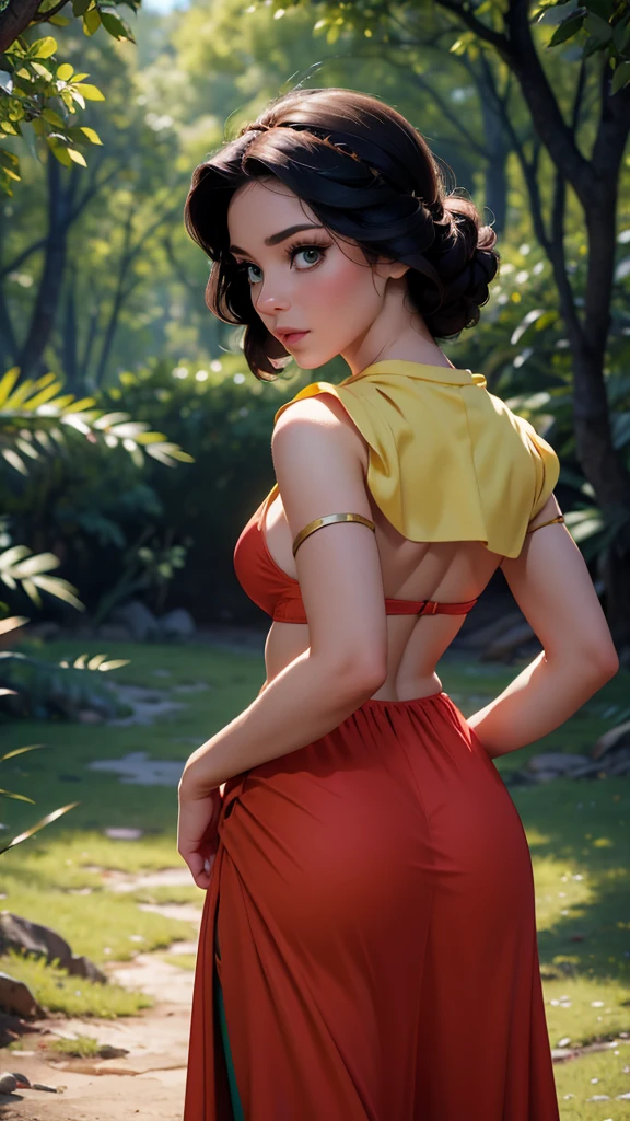 Blanca Nieves, (Disney), sexy girl, vestido de princesa, classic sexy yellow suit, bandana roja en la cabeza, Young, skynny body, small and beautiful buttocks, toned abdomen, small and beautiful breasts, concerned, bosque tenebroso, es de noche, bosque embrujado, muchos árboles, animales del bosque, oscuridad, Dramatic background, sensual look, Beautiful green eyes, classic hairstyle,Hair dyed in bright black color, best quality,4k,8k,A high resolution,masterpiece,Ultra detailed,realistic, Photorealistic,photo realistic, ultra realistic, gran definición,