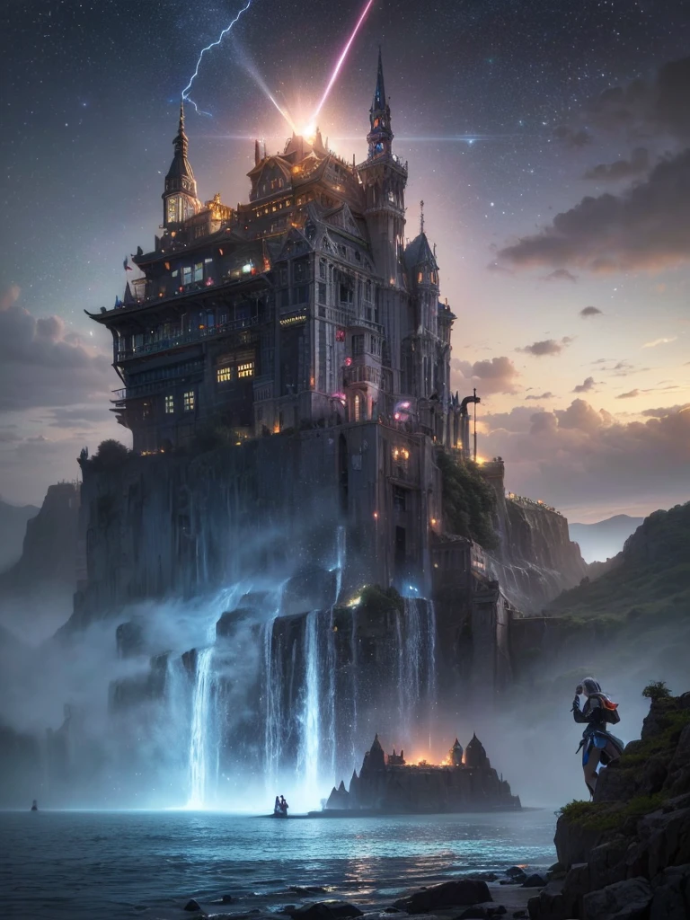(8k, highest quality, masterpiece, final fantasy style: 1.2), (unRealistic, photoRealistic: 1.37), Dreamy landscape, Fantasy, Unsurreal landscapes, Super detailed, Flying Castle, Floating Island in the Sky, Seven-colored swirl of light, Intense lightning, milky way, Complex Light, Colored light, Large Lake, Starry sky reflected on the lake surface, Countless shining stars, Meteors, Reflections , (A pillar of light emanated from the ground:1,2), roses and orchids gardens , sunset, pink clouds, waterfalls in the sky, realistic style, Hyperrealism drawing, a flying pirate spaceship floating at the clouds level, burning skyscrapers, cyborgs, timeless realms, stunning princess , casting spell, healing light magic effect, in a magical lagoon of the fairyland, crystal clear water surface reflections, sharp focus, looking at viewer, (close-up:0.9), (bright white theme:1.2), (bright white tone:1.2), (deep blue tone:1.3),((( realistic, Hyperrealism, vivid colours , landscapes , alien cyborgs , science fiction themes))), (((2 humanoid stunning female cyborgs posing )))