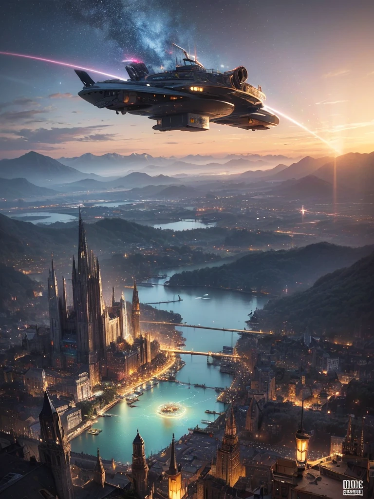 (8k, highest quality, masterpiece, final fantasy style: 1.2), (unRealistic, photoRealistic: 1.37), Dreamy landscape, Fantasy, Unsurreal landscapes, Super detailed, Flying Castle, Floating Island in the Sky, Seven-colored swirl of light, Intense lightning, milky way, Complex Light, Colored light, Large Lake, Starry sky reflected on the lake surface, Countless shining stars, Meteors, Reflections , (A pillar of light emanated from the ground:1,2), roses and orchids gardens , sunset, pink clouds, waterfalls in the sky, realistic style, Hyperrealism drawing, a flying pirate spaceship floating at the clouds level, burning skyscrapers, cyborgs, timeless realms, stunning princess , casting spell, healing light magic effect, in a magical lagoon of the fairyland, crystal clear water surface reflections, sharp focus, looking at viewer, (close-up:0.9), (bright white theme:1.2), (bright white tone:1.2), (deep blue tone:1.3),((( realistic, Hyperrealism, vivid colours , landscapes , alien cyborgs , science fiction themes))), (((2 humanoid stunning female cyborgs posing )))