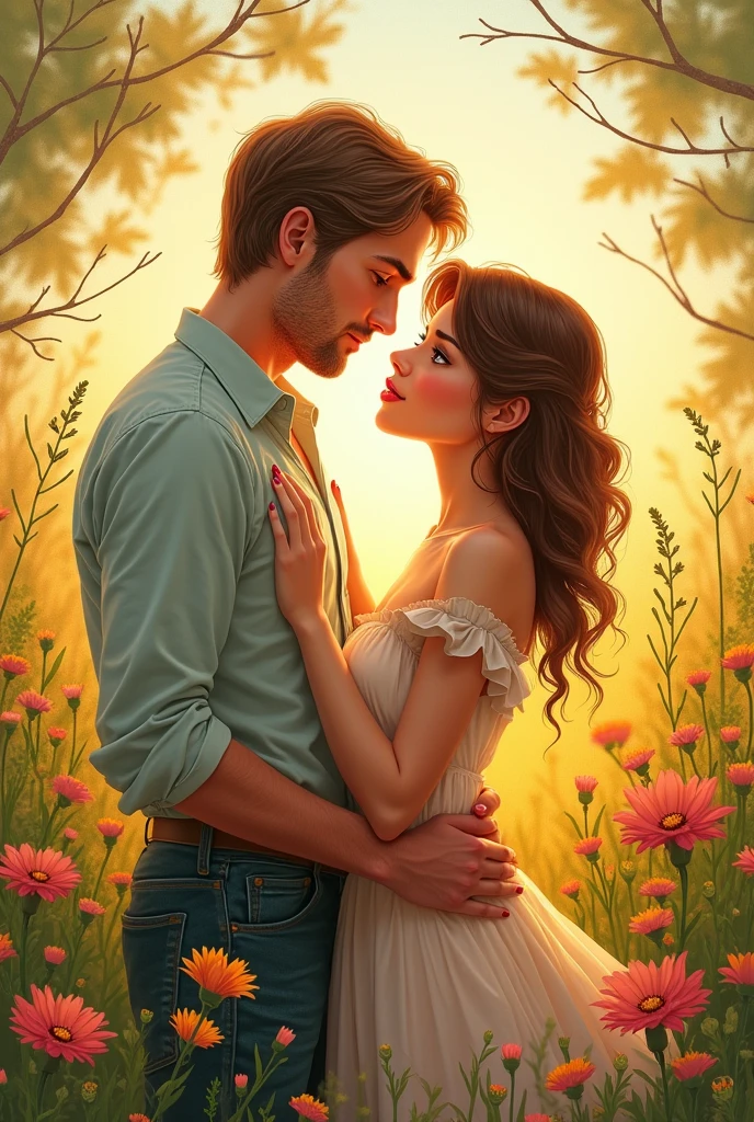 Book cover in Marcella France with a couple in a meadow the boy is tall with thick honey brown hair, white skin, honey green eyes and thick lips the girl is short with thick wavy brown hair and honey eyes, white skin, pink and thick lips with the title Valentine's Day Coupon