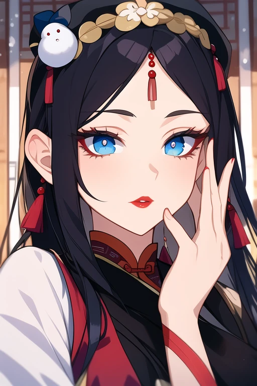 SHE IS A WOMAN, He had eyes and hair as white as snow , long eyelashes and snow-white eyelashes, little red lips, skin very white, exquisite faces, without expresion, dressed in a black dress and with ornaments on her head like the ancient Chinese, she alone.