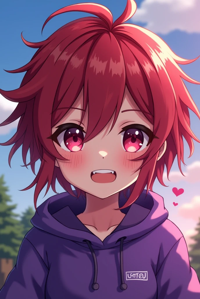 short hair, anime, messy hair, ahoge, reddish wine eyes, reddish wine hair, Twitch, purple clothes, jthan67, Minecraft, vikini