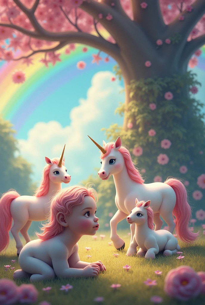 A baby girl surrounded by unicorns with her head leaning forward on the baby girl with a magical tree and rainbow landscape in the background 
