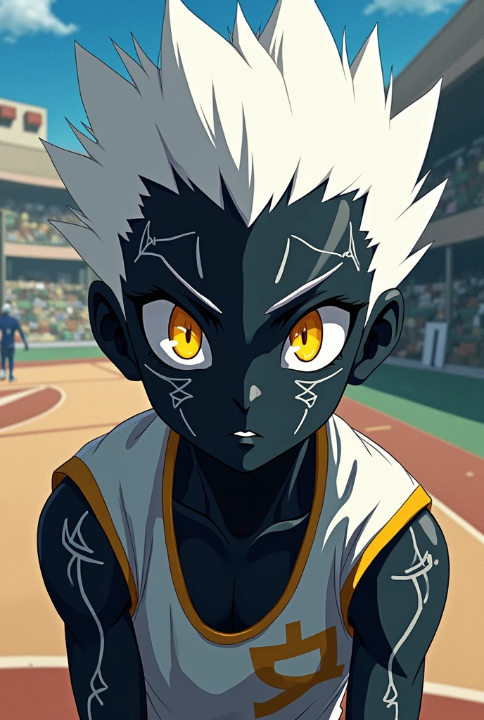 Make an albino Haikyuu character with black skin and yellow eyes