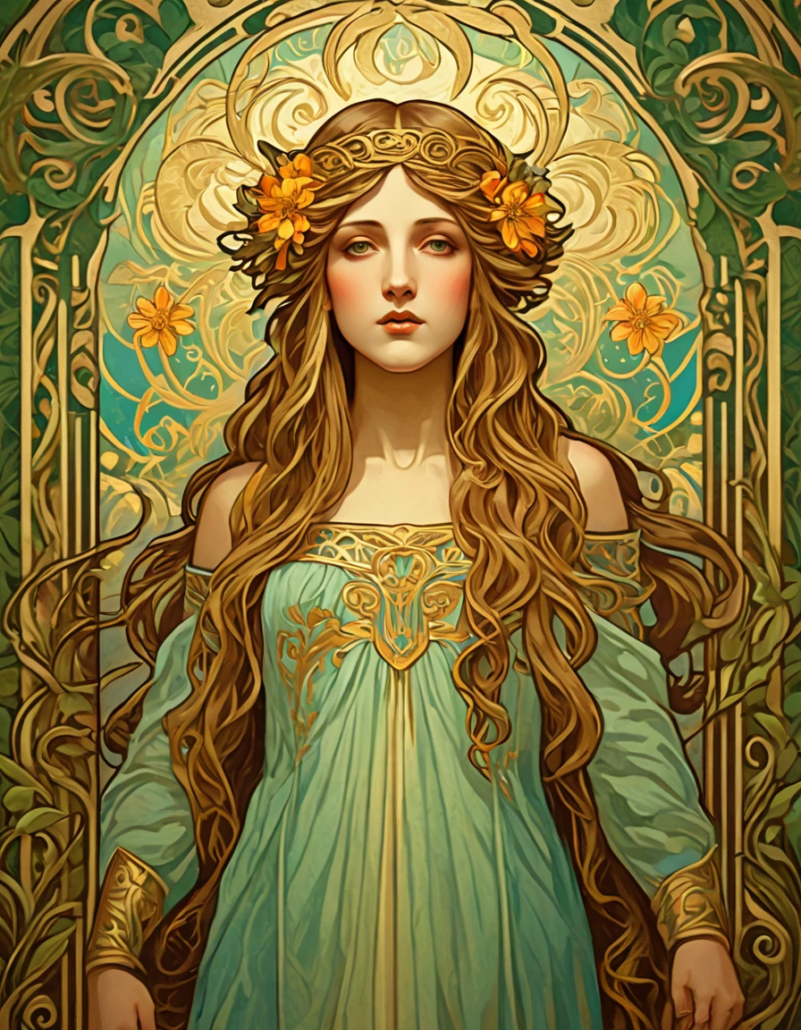 old (Masterpiece, Best Quality, Highres:1.2) Art Nouveau Style Beautiful Woman with Long Hair Shaped as Flowers in the Style of Alphonse Mucha, portrait of a beautiful cute, very beautiful, standing artistically, realistic natural, professional light distribution, very artistic lighting gradation, artistic detail, highly detailed, centered, Nymph-pattern vintage wallpaper with dramatic backlighting casting deep shadows, featuring a meticulously crafted illustration inspired by Dan Mumford and Alphonse Mucha, hyper-realistic and photorealistic textures, extremely detailed with intricate floral and foliage elements, octane rendered in 8K (extremely detailed 8k wallpaper), Golden ratio, hidden ancient Greek symbols (, Spiral), balanced design, color harmony, Vernis Martin, golden, ancient mythology, artistically twisted edges, reminiscent of old-world craftsmanship with a contemporary edge, volumetric lighting, ultra fine details
