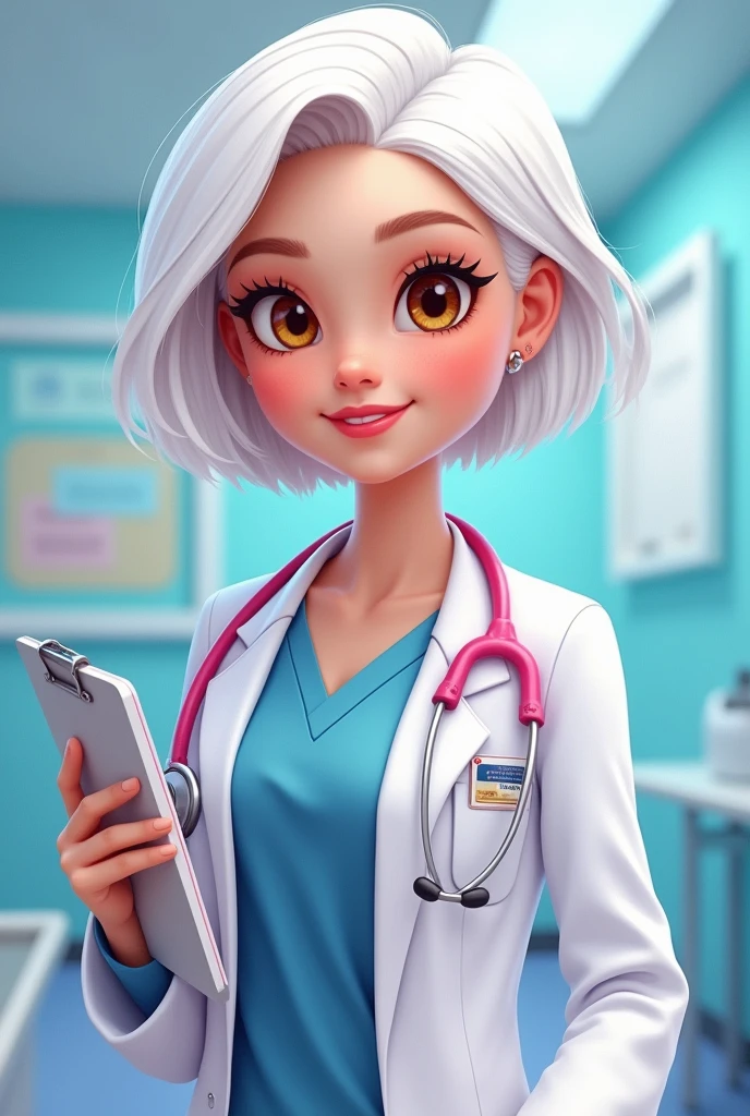 Barbie cartoon medical student brown eyes short white hair
