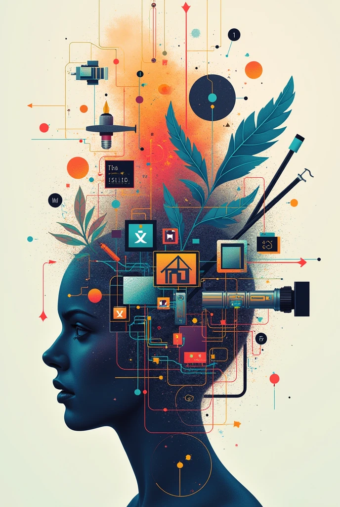 Create an image that presents A visual composition that combines technological symbols (like a camera or a lamp) with artistic elements (like a color palette and brushes) and scientific symbols (formulas or atoms), connected by arrows to show the interaction between these fields, without changing the fundamental paradigms.