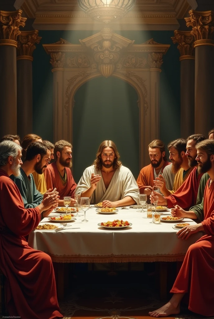 (masterpiece, top quality, best quality, official art, beautiful and aesthetic:1.2), ((holy supper, Jesus Christ with his 12 apostles at a table having dinner)),
