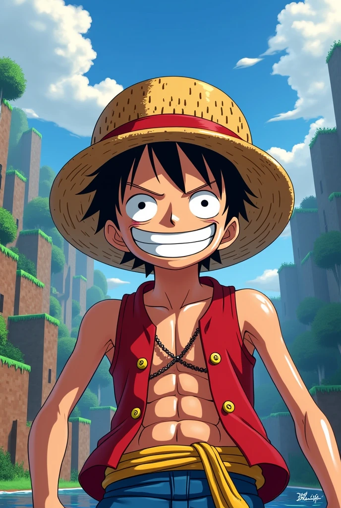 Luffy usando a máscara do dream do Minecraft