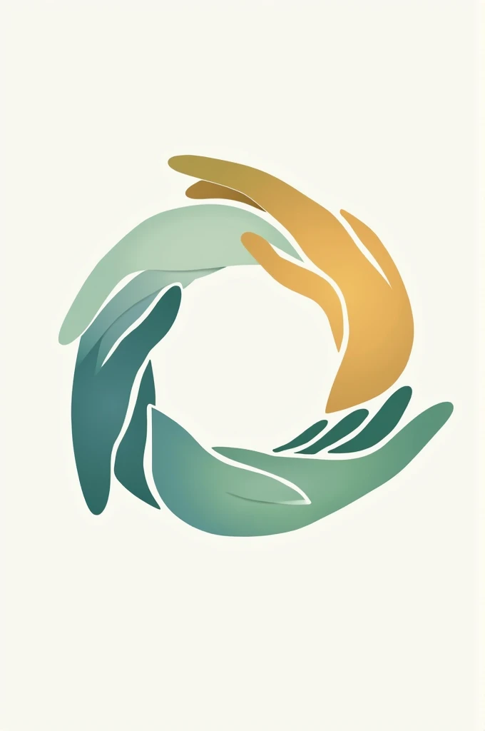 Create a logo that embodies the concept of 'active care', representing the ideas of self-care, care for others and allow yourself to be cared for. The logo must feature a central circle symbolizing unity and harmony., with three hands clasped around him. Each hand should point in a different direction: a hand turned inward representing self-care, another hand extended to the next hand representing care for the other, and the third hand open to receive care. Use soft, calming colors like blue, green and a touch of orange or yellow to evoke tranquility, confidence and energy. Lines should be soft and curved to reinforce the theme of care., kindness and connection.