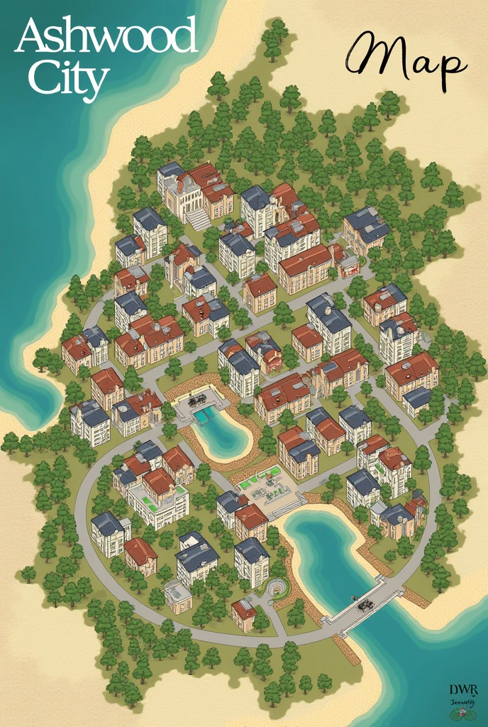 I NEED A MAP OF THE CITY "Ashwood City" WHICH IS LARGE AND CONTAINS THE FOLLOWING PLACES WITH THEIR NAMES:
University - "Revenhurst University": Private university located in the heart of the city, known for its arts program, music and literature.
City - "Ashwood City": a vibrant and cultural city, with a rich historical and architectural heritage.
Elannes and Sage Department: a cozy apartment in the neighborhood of "Willow Creek", near the university campus, with views of the park.
Elannes' parents' house: An elegant mansion in the exclusive neighborhood of "Oakwood Hills", with a large garden and a stunning view of the city.
Kaiden Department: A modern and minimalist loft in the neighborhood of "downtown", close to the best restaurants and bars in the city.
Thayer Department, Rowan y Gideon: A shared apartment in the neighborhood of "Arts District", full of color and energy, with a small roof garden.
The Cozy Cupcake: a cozy coffee shop on the university campus where Elannes and Sage often meet.
The Raven's Nest: an underground bar in the neighborhood of "downtown" where Kaiden and his friends often play live music.
The secret garden: a hidden place on the university campus where Elannes and Kaiden secretly meet.