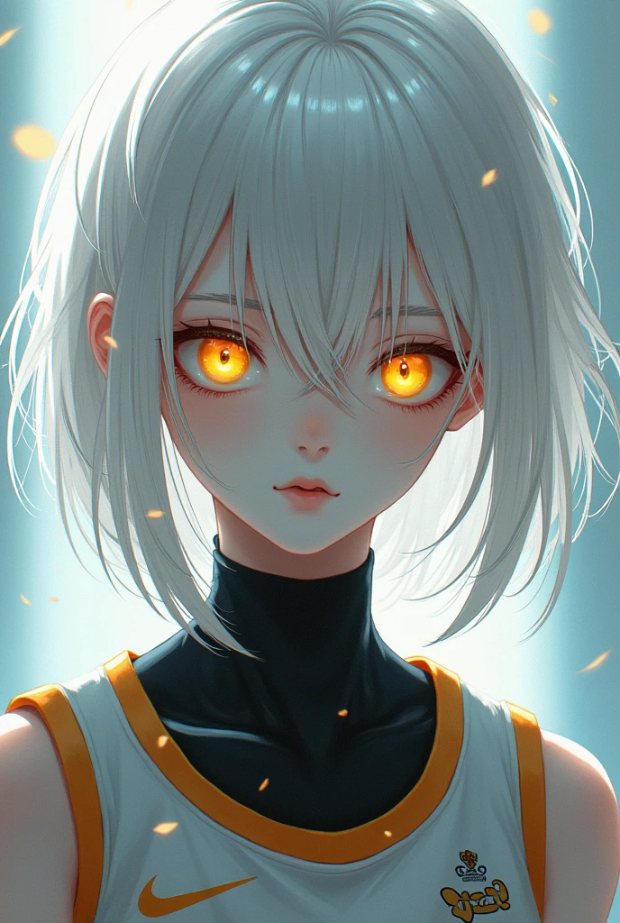 Make an albino female Haikyuu character with black skin and yellow eyes
