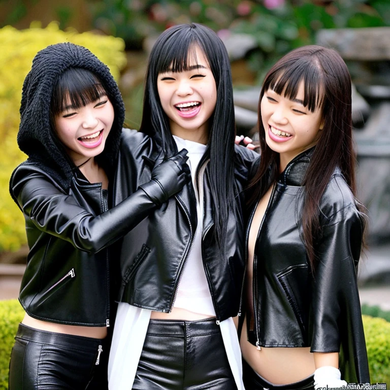 2 Asian Girls, Black Satin Pants, Leather Jacket with Shirt, Long Hair with bangs, Zen Garden, with leather Gloves, with Satin Cloak, Asian, Smile, Friendly, Happy, wet tongue out. 