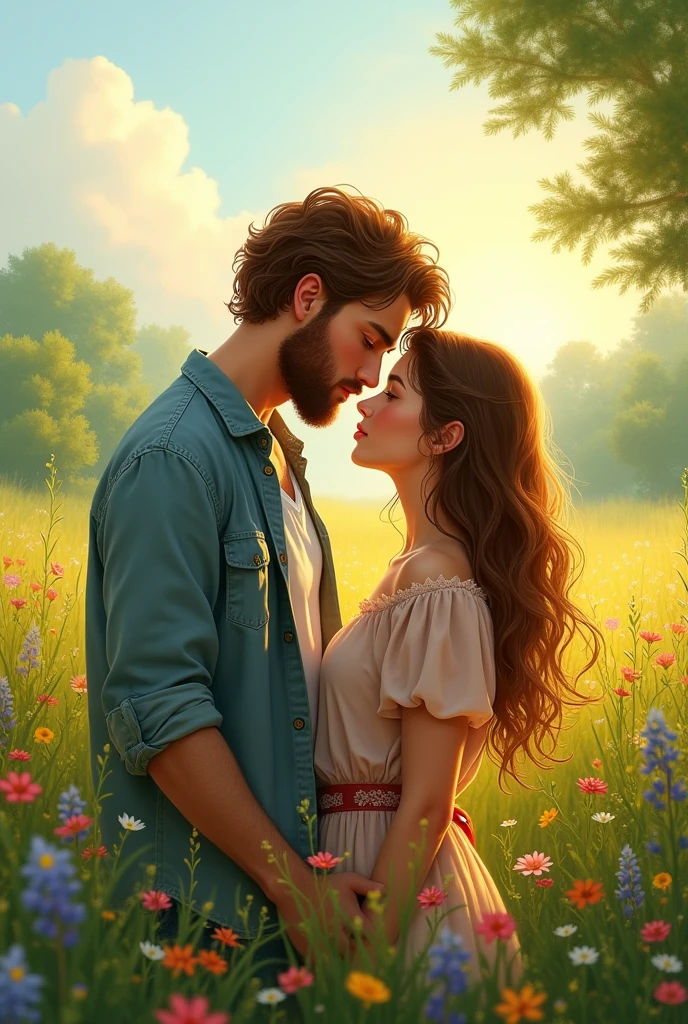 Book cover in Marcella France with a couple in a meadow the boy is tall with thick honey brown hair, white skin, honey green eyes and thick lips without a beard the girl is short with thick long wavy brown hair and honey eyes, white skin, pink and thick lips in the modern age with the title Valentine&#39;s Day Coupon 