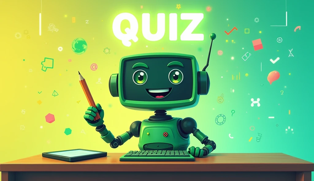 

"A friendly cartoon robot with a retro monitor head, large expressive eyes, and a cheerful smile is sitting at a desk. The robot is holding a pencil in one hand, with a keyboard in front of it and a tablet on the desk. The background is a vibrant gradient from yellow to blue, filled with floating abstract shapes, numbers, and technological symbols. Above the robot, the word 'QUIZ' is displayed in large, glowing letters. The overall atmosphere is playful and educational, with a mix of warm and cool colors of green."