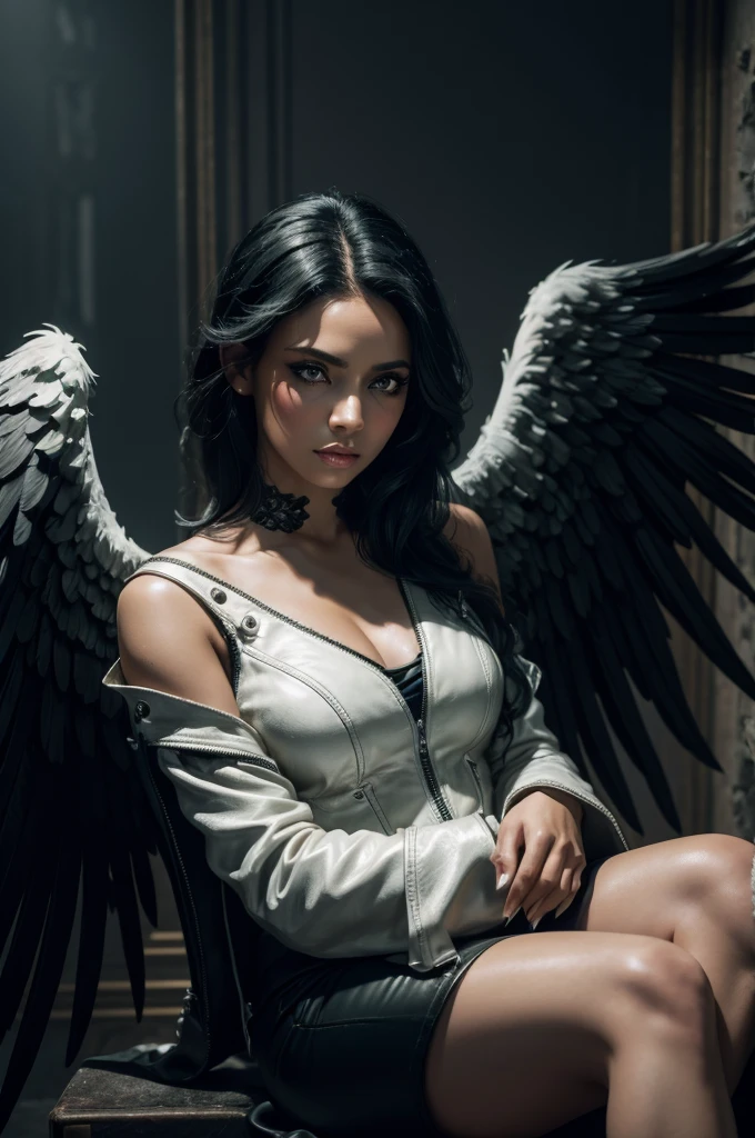 a fallen angel colombian woman, black wings, light skin, green eyes, short shoulder-length black hair, wearing a white dress and a leather black jacket, (best quality,4k,8k,highres,masterpiece:1.2),ultra-detailed,(realistic,photorealistic,photo-realistic:1.37),portrait,dramatic lighting,cinematic,chiaroscuro,moody,dark fantasy