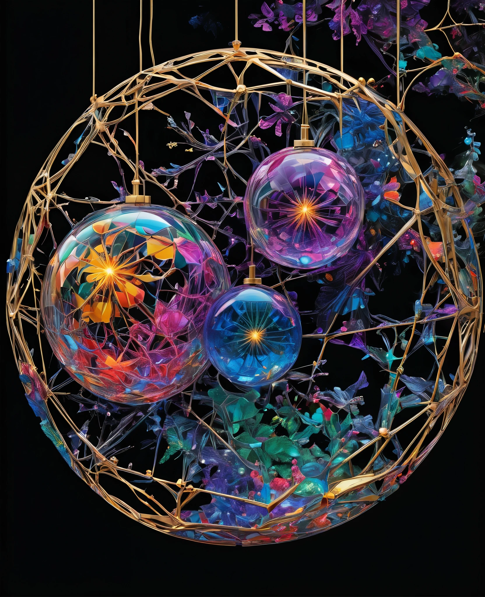 "An ultra-intricate 8K masterpiece inspired by Petra Cortright's graffiti and scribble style, featuring vibrant, glowing crystal spheres suspended in a web of delicate, multicolored shimmering lines. The design is a professional, highly detailed representation set against a rich, velvety black background, allowing the luminous hues of the crystal spheres and intricate web to shine. The composition incorporates a vivid palette of blues, purples, greens, and golds, creating a kaleidoscope of colors that enhance the ethereal beauty of the spheres. Each sphere is meticulously rendered, capturing light and reflection with stunning clarity, resulting in a visually striking and dynamic piece that is both colorful and captivating."