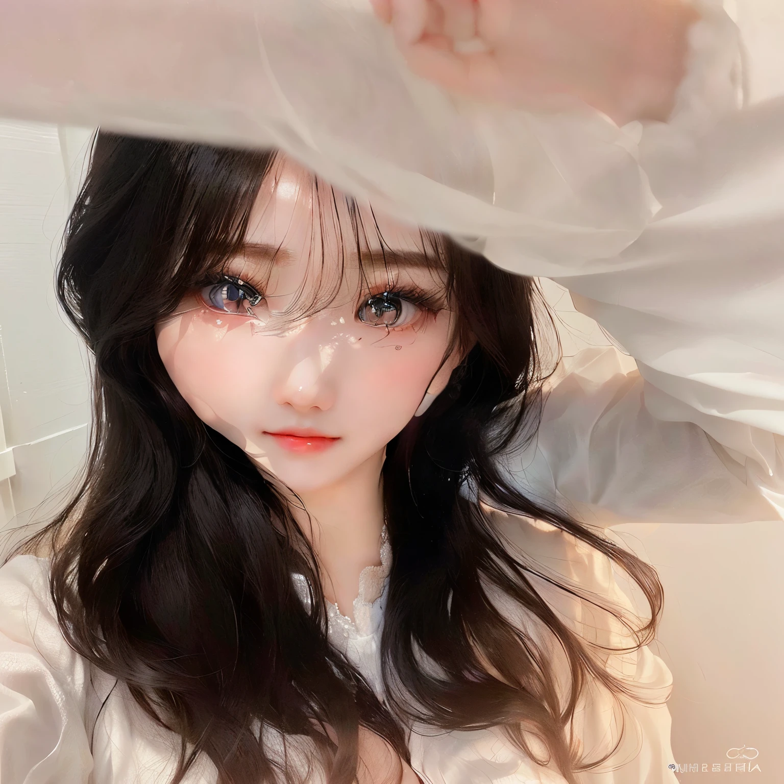 There is a woman with long hair and a white shirt., ulzzang, dilraba dilmurat, with long hair and piercing eyes, pale korean adorable face, korean girl, Jinyoung Shin, South Korean popular makeup, beautiful south korean woman, sakimichan, pale round face, with beautiful loving eyes, 8k selfie photography, beautiful aesthetic face