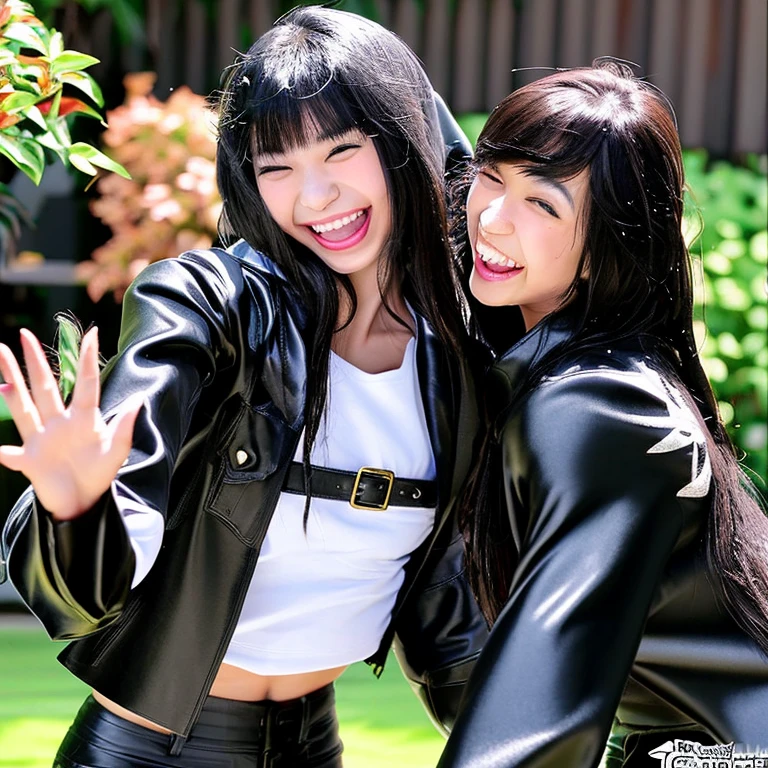 2 Asian Girls, Black Satin Pants, Leather Jacket with Shirt, Long Hair with bangs, Zen Garden, with leather Gloves, with Satin Cloak, Asian, Smile, Friendly, Happy, wet tongue out.