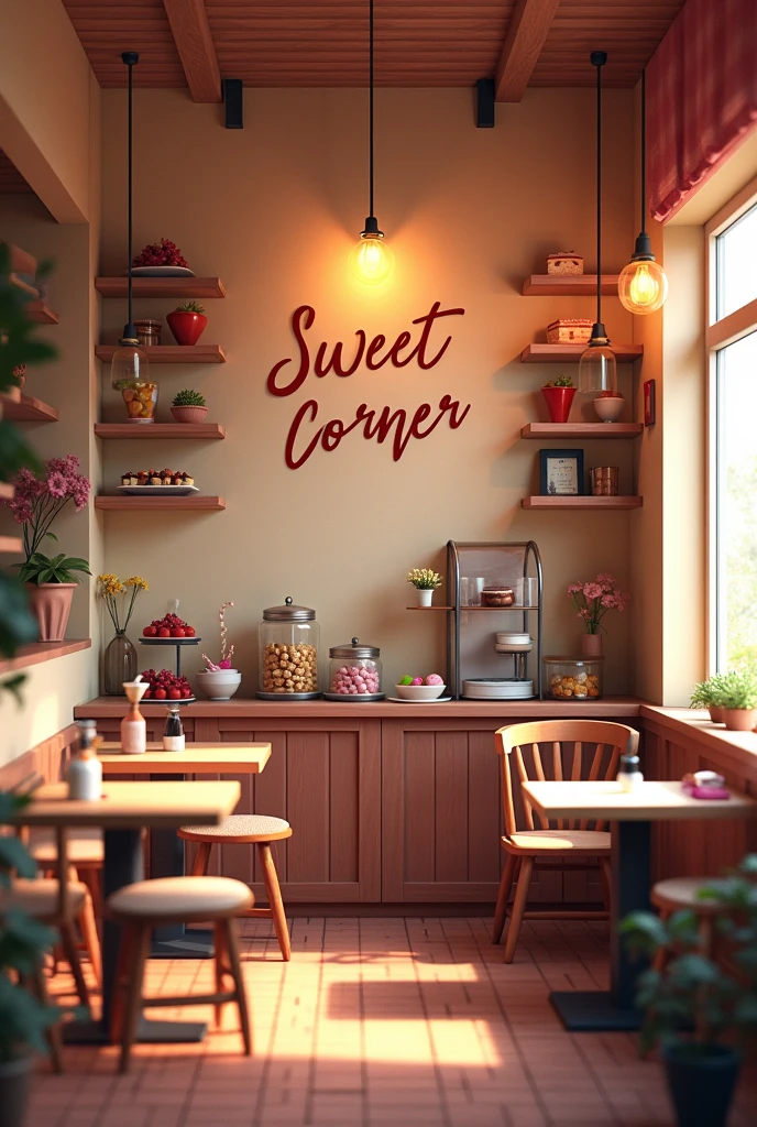 Cafe cafe name: write on the wall "sweet corner " на русском языке
Торты и коктейли
Без людей
И 4 столы
Маленький sweet corner
Чтобы было реальным