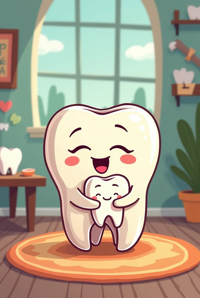 Cartoon of a mother with a tooth breastfeeding her baby tooth