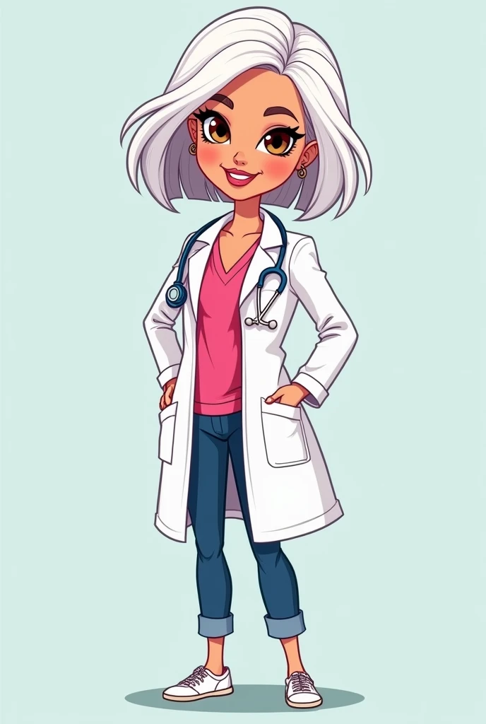 Cartoon image of barbie medical student brown eyes short white hair
