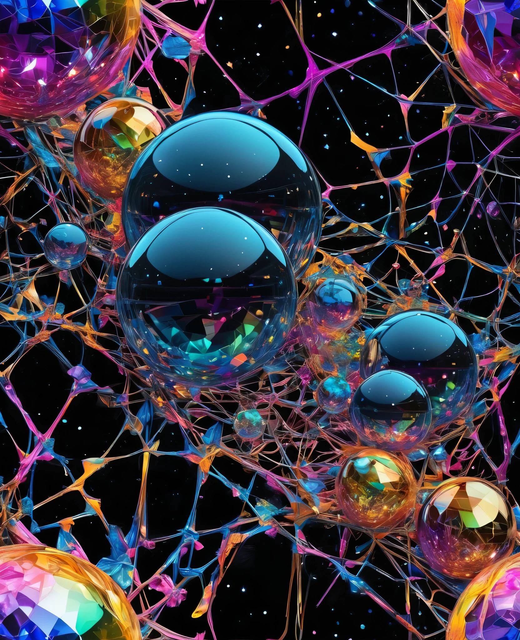 "An ultra-intricate 8K masterpiece inspired by Petra Cortright's graffiti and scribble style, featuring vibrant, glowing crystal spheres suspended in a web of delicate, multicolored shimmering lines. The design is a professional, highly detailed representation set against a rich, velvety black background, allowing the luminous hues of the crystal spheres and intricate web to shine. The composition incorporates a vivid palette of blues, purples, greens, and golds, creating a kaleidoscope of colors that enhance the ethereal beauty of the spheres. Each sphere is meticulously rendered, capturing light and reflection with stunning clarity, resulting in a visually striking and dynamic piece that is both colorful and captivating."
