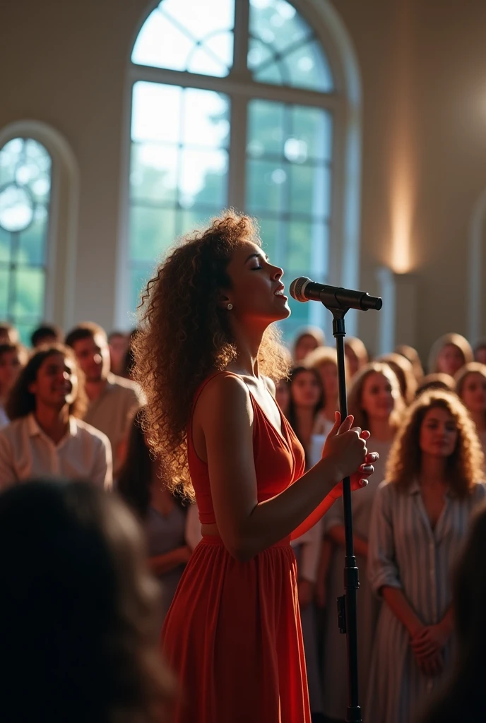 curly haired woman singing into microphone on stage of modern church with an audience of young men and women. PICTURE REALISTIC 