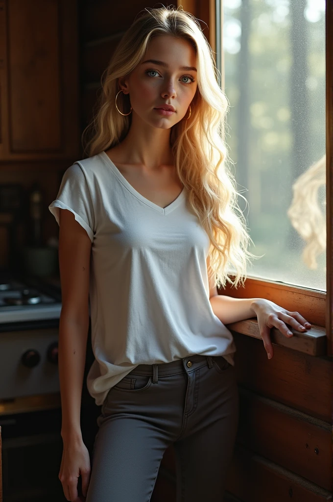 (( 29)), beautiful girl, model body, big blue eyes, small breasts, long legs, medium hoop earrings, big t-shirt, leggings, bottom shot, very white skin, long hair, wavy hair, blonde hair, cabin in the woods, photorealistic, Indirect lighting, volumetric light, specular light, ray tracing, hyper-detailed, best quality, ultra-high resolution, HDR, 8k, pose looking out the window
