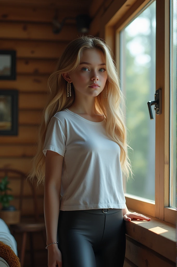 (( 29)), beautiful girl, model body, big blue eyes, small breasts, long legs, medium hoop earrings, big t-shirt, leggings, bottom shot, very white skin, long hair, wavy hair, blonde hair, cabin in the woods, photorealistic, Indirect lighting, volumetric light, specular light, ray tracing, hyper-detailed, best quality, ultra-high resolution, HDR, 8k, pose looking out the window