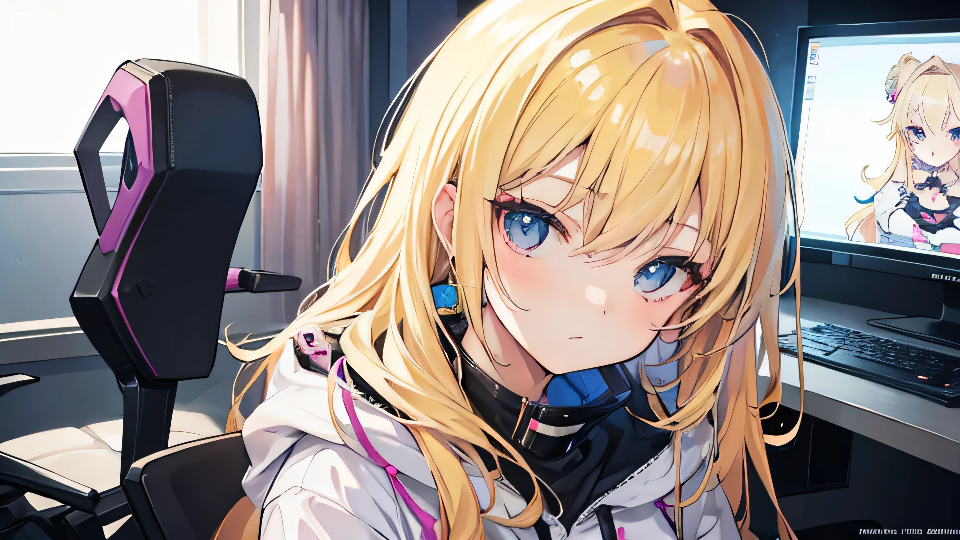 Portrait of sexy anime girl, big breasts, blonde hair, sitting in her gamer chair in her gamer room with anime style RGB