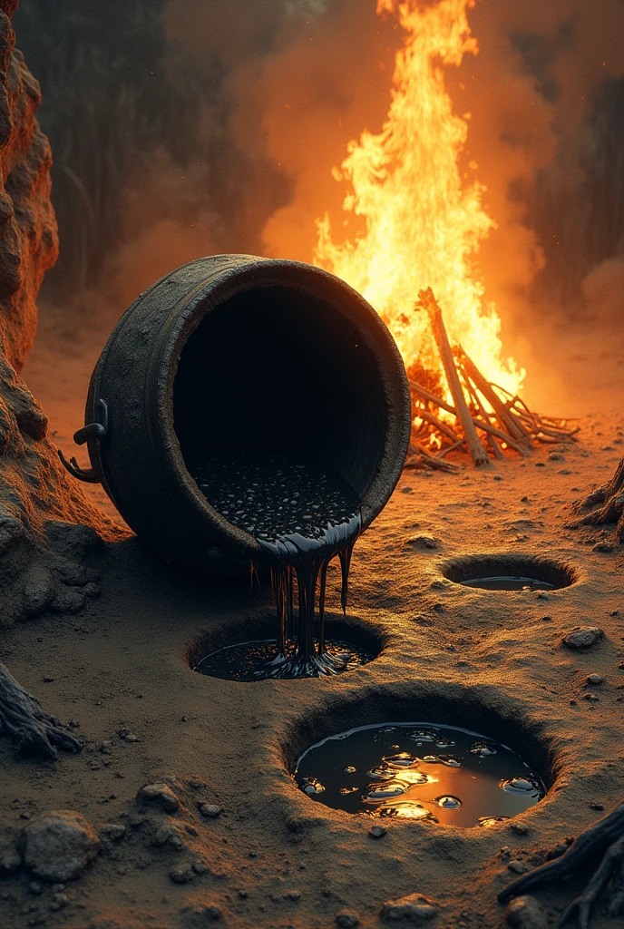 A fallen cauldron, pouring the bubbling liquid onto the floor, filling pores that appear in the earth, with the fire crackling behind . The image should be a little sideways, and it doesn&#39;t have to be realistic, I want it to look like an alchemical drawing. The pores are circular. The cauldron is touching the floor and its liquid has a different color. Make a drawing. There are several pores, where the liquid falls, and the fire behind is not a waterfall, but a big bonfire. The liquid is dark in color and all of it is spreading into the pores. Do not make the drawing simulating the realistic design.