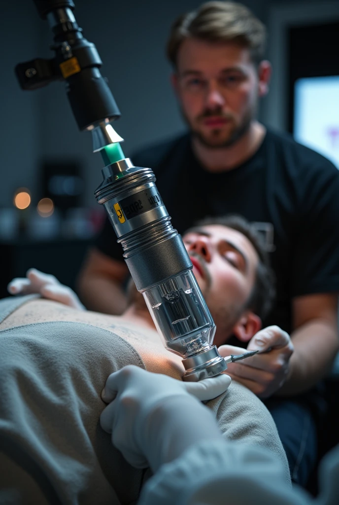 A person getting a tattoo, that the face is not visible and the cartridge for 3D tattooing stands out