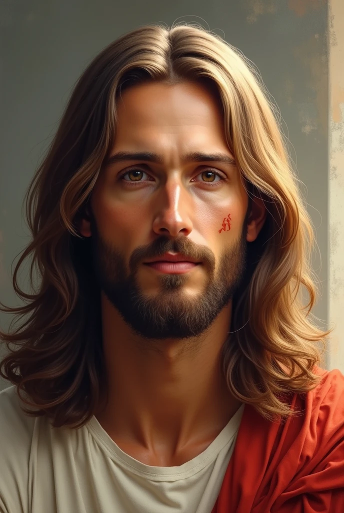 Jesus Christ long light brown hair with scar on cheek and brown eyes and short beard.