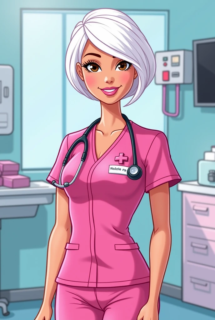 Cartoon image of Barbie in pink medical uniform, brown eyes, short white hair 