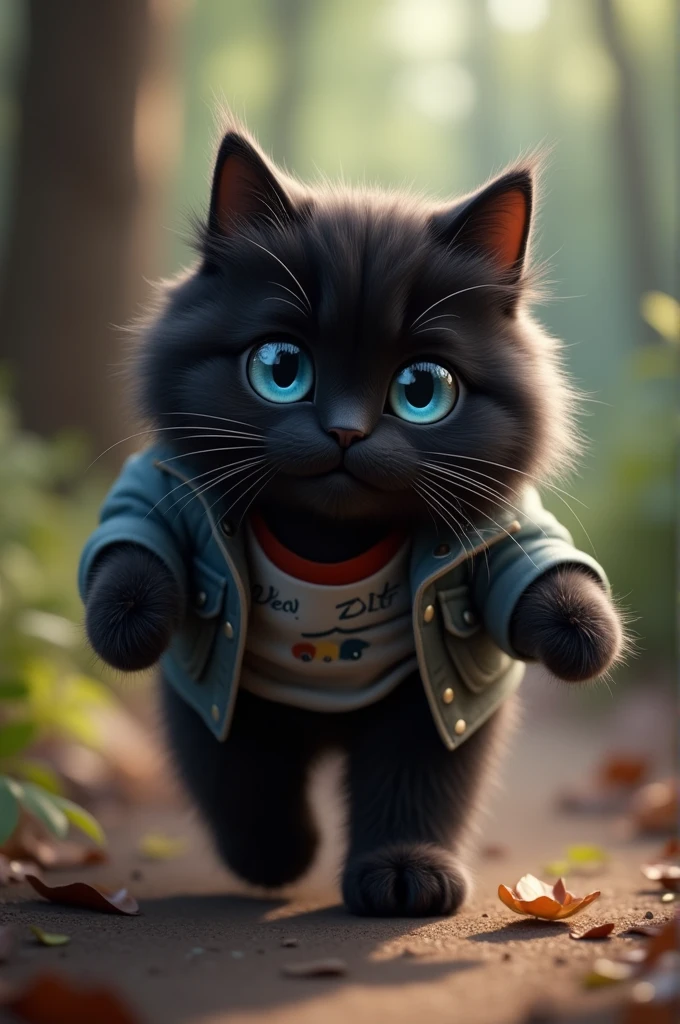 Fluffy black cat, Adventurer,Highly detailed cat and fur, Wear a shirt, Wander , animal,Highly detailed images, Kodak 400, Atmospheric light, 50mm lens, (Cat Eyes and Feature Details) Realistic Cat, blue eyes,8k,cute,Chubby,No pattern on the body