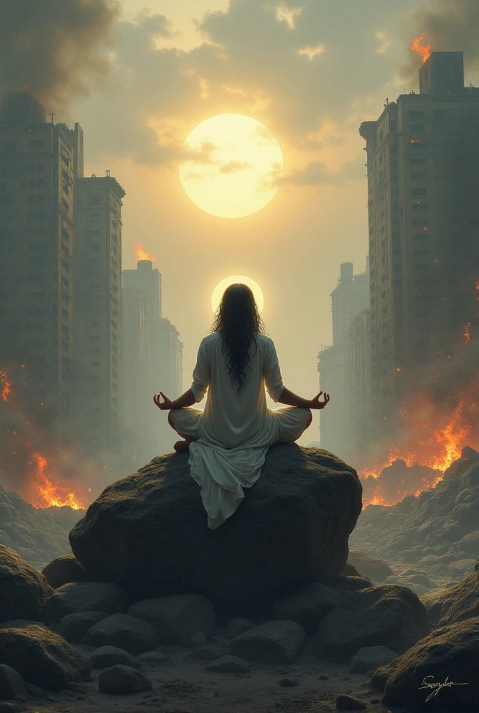 chaotic scenario, calm, blessed and enlightened person. Sitting on a rock while everything is going to ruin.