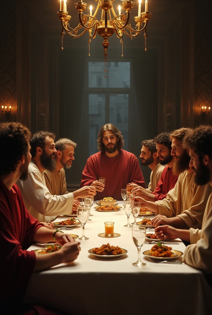 (masterpiece, top quality, best quality, official art, beautiful and aesthetic:1.2), (12man) ((holy supper, Jesus Christ with his 12 apostles at a table having dinner)),