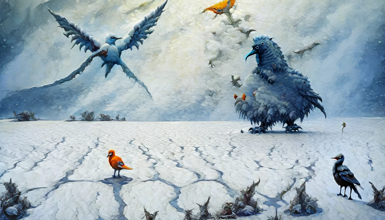((masterpiece, Fantasy, Snowfield, In the distance a monster with a bird&#39;s body and a human head)), The head is a human skull and the neck is long., Zombie Bird,Human hands growing, Has a spear, Bird&#39;s feet, has black wings, Wrapped in black flames,Strong snowstorm with poor visibility, dark, Cloudy