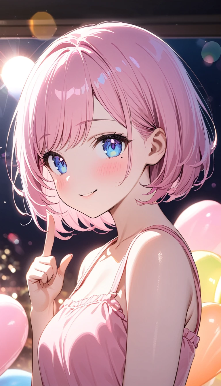(1 girl),(Best Picture Quality, 8K, Masterpiece:1.3), (high school student:1.5), ((pink lob hair:1.1)), (bob cut),(swept bangs), (cute eyes, pupil black, iris skyblue, youthful face), (mole under right eye), (standard weight), (small breasts),(big hip), (glistening skin:1.1),(pale skin:1.2),(happy:1.4),BREAK,(pink sundress),(Heart Balloon),(Pastel pink Bedroom),(in the night),((portrait)),(index finger raised),((Lens Flare:1.5)).