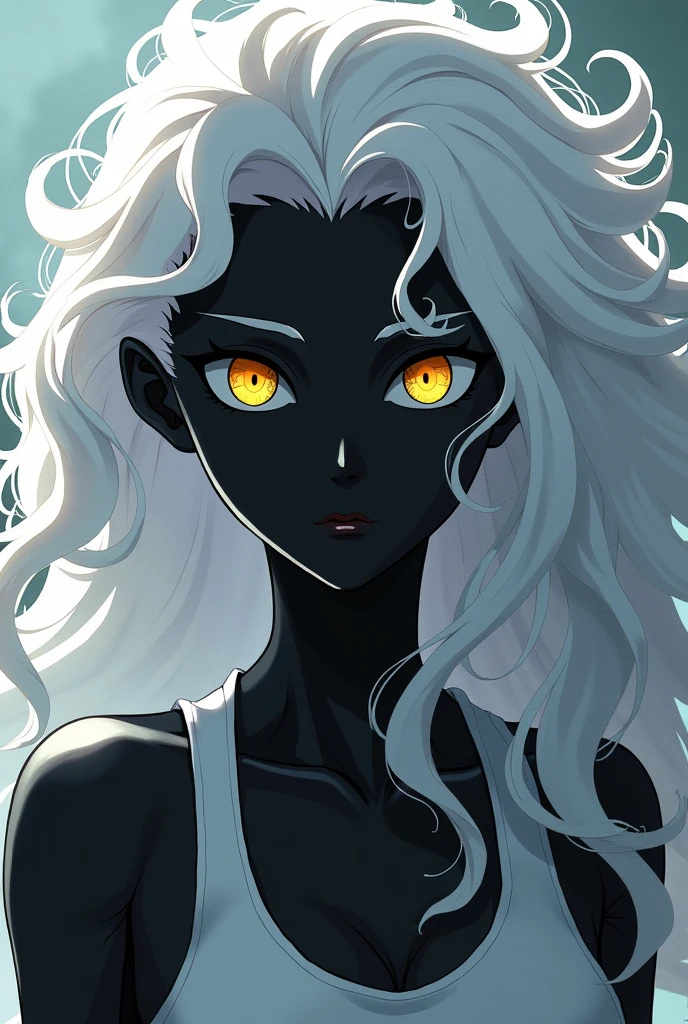 Make an albino female Haikyuu character with black skin, with yellow eyes, and long curly white hair
