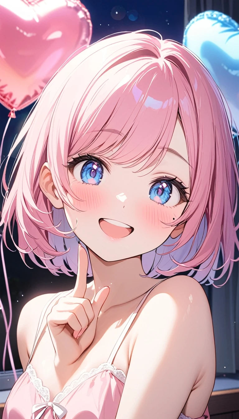 (1 girl),(Best Picture Quality, 8K, Masterpiece:1.3), (high school student:1.5), ((pink lob hair:1.1)), (bob cut),(swept bangs), (cute eyes, pupil black, iris skyblue, youthful face), (mole under right eye), (standard weight), (small breasts),(big hip), (glistening skin:1.1),(pale skin:1.2),(happy:1.4),BREAK,(pink sundress),(Heart Balloon),(Pastel pink Bedroom),(in the night),((portrait)),(index finger raised),((Lens Flare:1.2)).