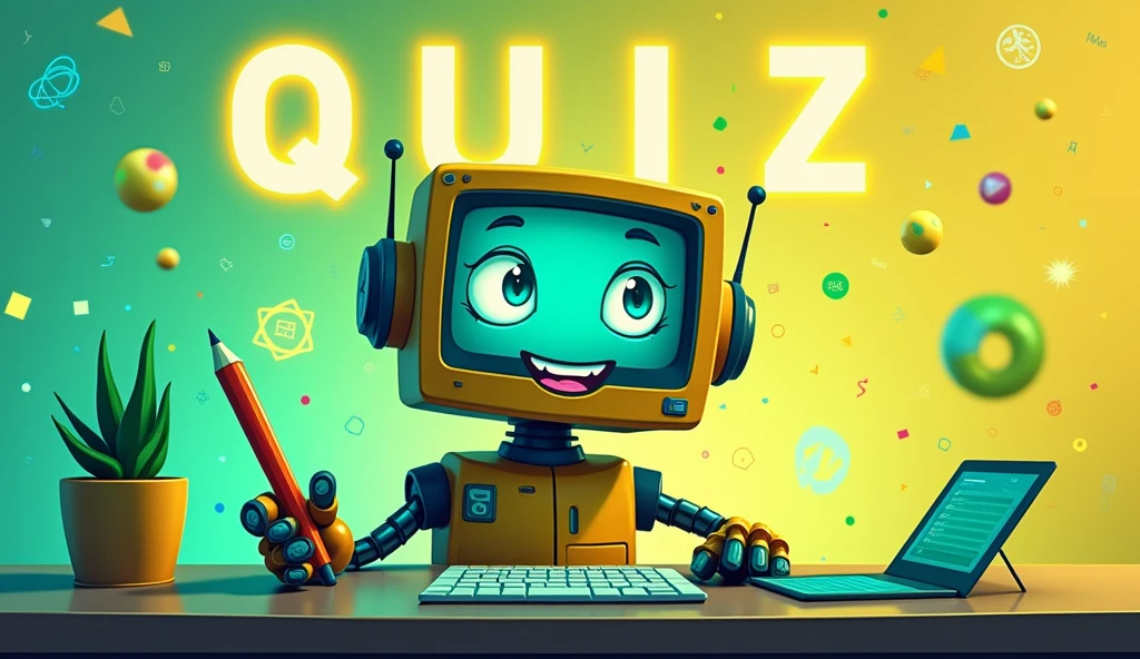 

"A friendly cartoon robot with a retro monitor head, large expressive eyes, and a cheerful smile is sitting at a desk. The robot is holding a pencil in one hand, with a keyboard in front of it and a tablet on the desk. The background is a vibrant gradient from yellow to blue, filled with floating abstract shapes, numbers, and technological symbols. Above the robot, the word 'QUIZ' is displayed in large, glowing letters. The overall atmosphere is playful and educational, with a mix of warm and cool colors of green." with lots of alphabets, numbers, codes, riddles as elements