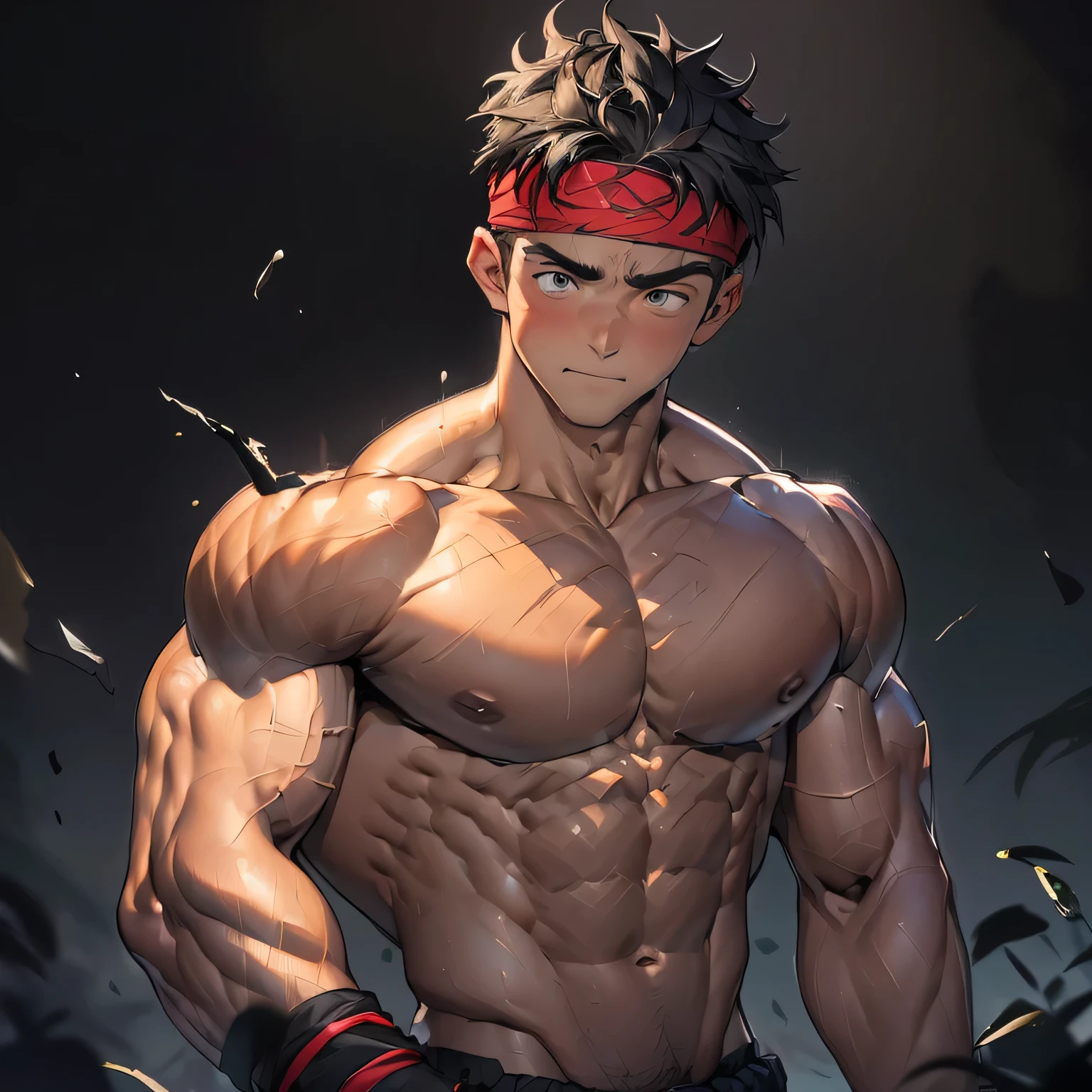 ((masterpiece, best quality)), (((((Black Background, Dark night, (Depth of field:1.2), male focus, upper body))))), (19 year old boy, warm eyes, Young guy, muscler, Shirtless, topless), ((((1boy, solo, tough, reliable, developed body)))), (Dark Short straight hair, ((almost completely shaved hair)), under cut), (((red headband, black wristband))), Vivid colors, ((big breast:1.2, big shoulder:1.2, muscular body, sturdy body, defined pecs, defined ABS, defined armsmuscular:1.2, well-defined muscles, developed body, toned weist, shouldermuscler:1.2)), muscler!, muscler body, detailed face, detailed muscle, (((rippling muscles, athretic body, (fighting:1.3))))
