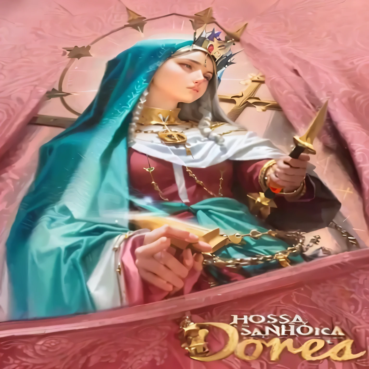 a picture of a picture of our lady of sorrows with a rosary, and a crown of thorns in the other hand, on his chest he appears to have a sword or dagger, queen of heaven, Mary in a sanctuary, Santo woman, virgin mary, majestic Santo woman, religious iconography, sacro, religious imagery, Santo womans, portrait of virgin mary, your, inspired by the Master of the Legend of Saint Lucia, by Fra Bartolomeo, roman catholic icon, catholic icon, holy,