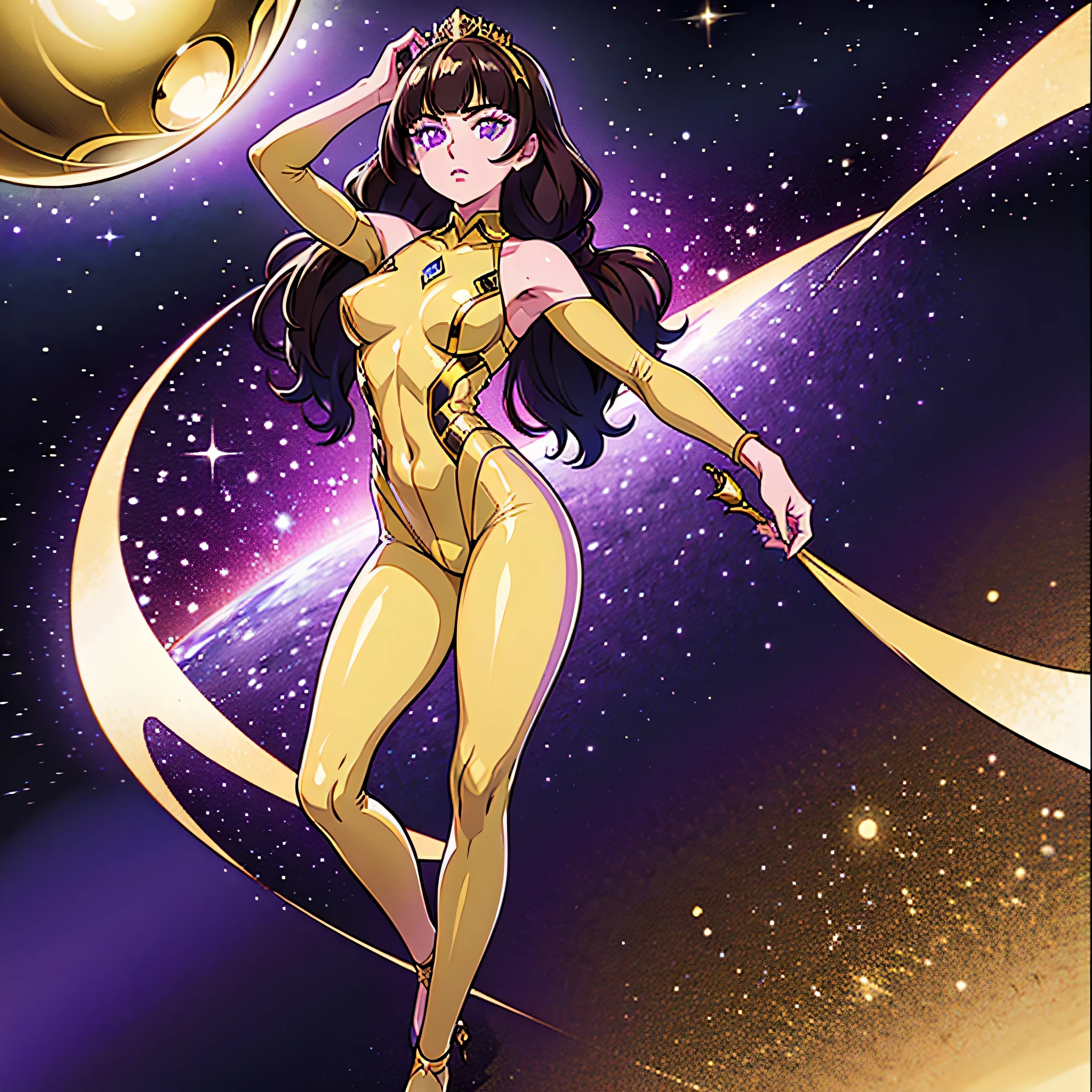 (1 girl), (solo), ((amanogawaki)), best quality, highres, high quality, 8k, HD, super detail, anatomically correct, UHD, accurate, (masterpiece:1.0), (high quality:1.0), (ultra detailed), (Galaxy background), Purple Eyes, Looking At viewer, Serious Face, detailed eyes, (MFBP1), Full Body Model Pose, confident female poses, full body, (Yellow full bodysuit), (Better Hands), (Golden Tiara with Purple Gem), (Planet Earth at the background)