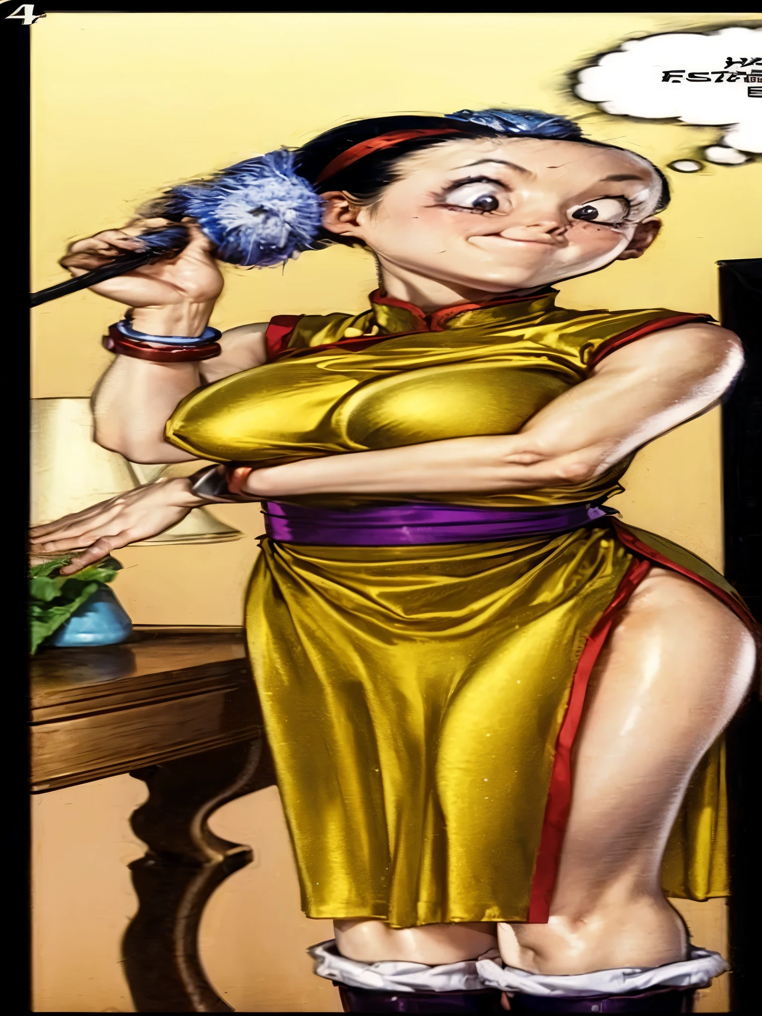 character (Chichi) Her black hair is put in a Japanese bun with a kanzaki. He has a display case cleaner in his hand., yellow dress purple belt , nice shaped breasts that fit her dress, Her legs are somewhat visible through her dress, a lot of sweat on his forehead from cleaning, stage in a room of a house , Japanese traits , Her face is that of a beautiful Japanese woman smiling a lot with drops of sweat on her face