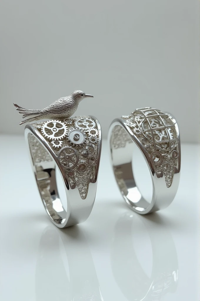Two silver rings created with cutting-edge technology, with gears representing a bird and a cage.