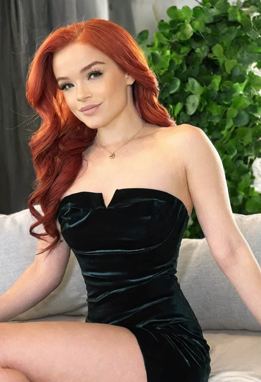 ((high quality:1.2)), (8k), extremely detailed, ((High detail:1.2)), ((best resolution:1.4)), (Elsa Jean), Solo, ((24 years old irish red-haired female:1.45)), ((tight and short dress strapless)),